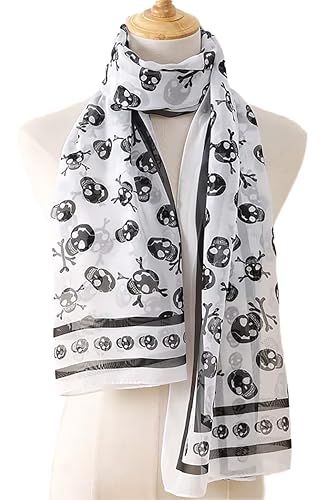 Mazeology Skull Scarf Soft Silky Poly Chiffon 59” Long Scarf Gothic Pirate Black/White 19” Wide Stripe Border for Women/Men Trendy Punk Accessory4