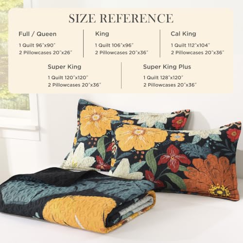 Image of Andency Floral Boho Queen Quilt Bedding Set Black, 3 Pieces Farmhouse Flower Botanical Summer Bedspreads with 2 Shams, Soft Reversible Lightweight Polyester Coverlet Set for All Season, 90 inchx96 inch