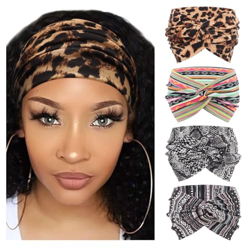 Image of DRESHOW 4 Pack Turban Headbands for Women Wide Vintage Head Wraps Knotted Cute Hair Band Accessories