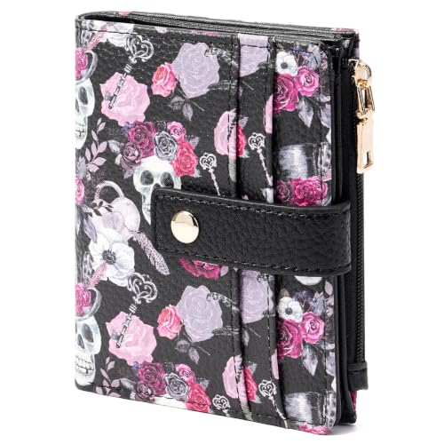 Image of GOIACII Small Wallet for Women Leather Bifold Zipper Coin Pocket RFID Blocking Cute Credit Card Holder Goth Skull