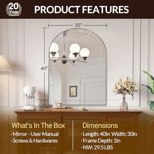 Image of MOON MIRROR Arched Mirror for Bathroom, Bathroom Mirrors for Over Sink, 30x40 inch Brushed Nickel Non-Rusting Vanity Mirror in Delicate Tessellated Glass Design