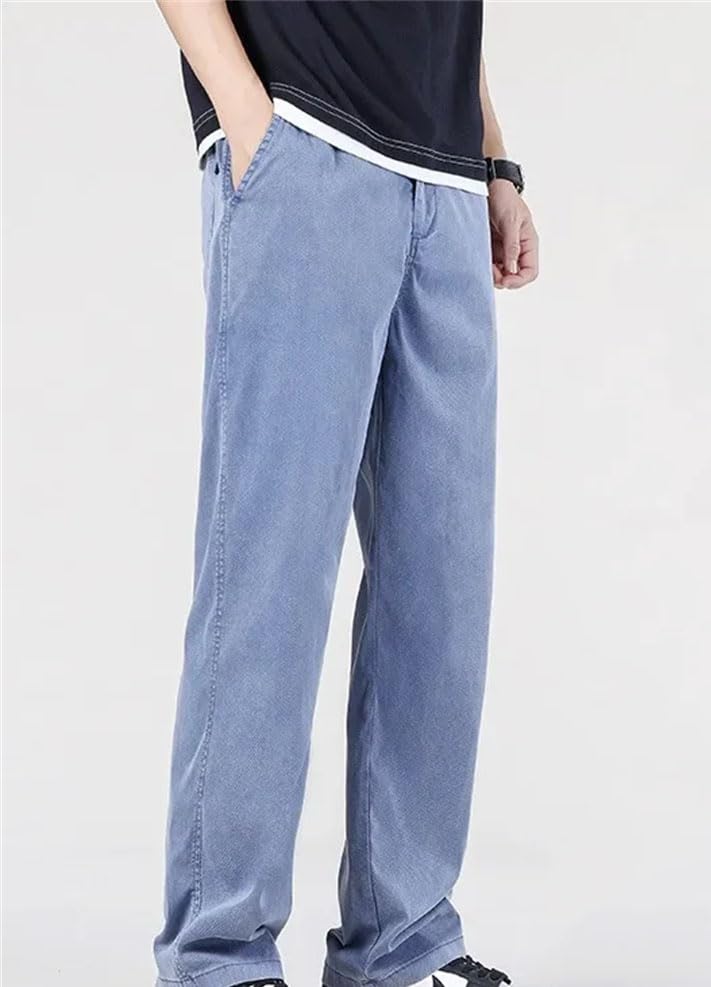 Men’S Classic Baggy Jeans Mid Waist Straight Fit Lyocell Pants Casual Light Wash with Zipper4