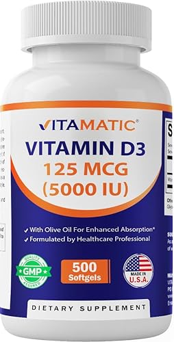 Vitamatic Vitamina D3 5000 UI (125 mcg) - 500 cápsulas blandas (a base de aceite de oliva) - Suministro de 500 días - para una función muscular disponible en Yaxa Colombia