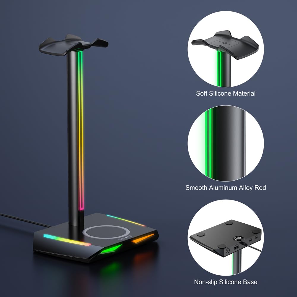 Feegar Hold RGB Kopfhörer Ständer mit Wireless Ladegerät,Gaming-Headset-ständer Headset Halterung Wireless Charge Kopfhörer Halter mit 1*USB 2*Typ-C 11 Lighting Effects Modes