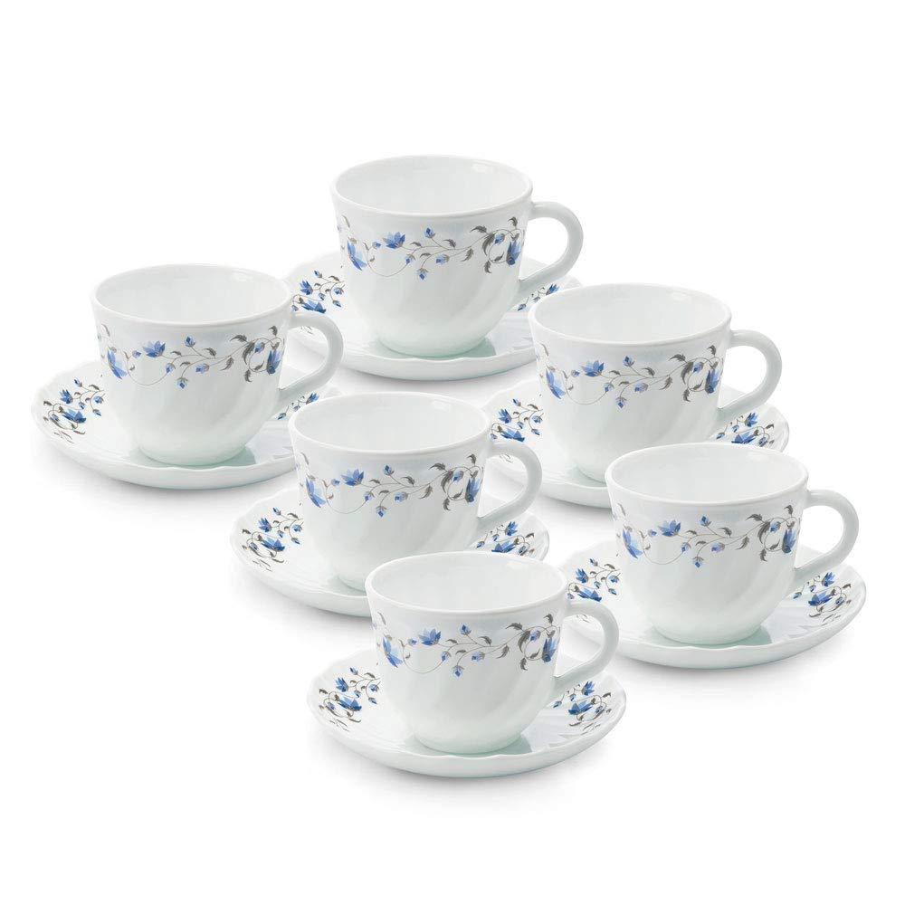 Larah by BOROSIL Glass Helena Cup and Saucer Set, 216Ml, 12Piece