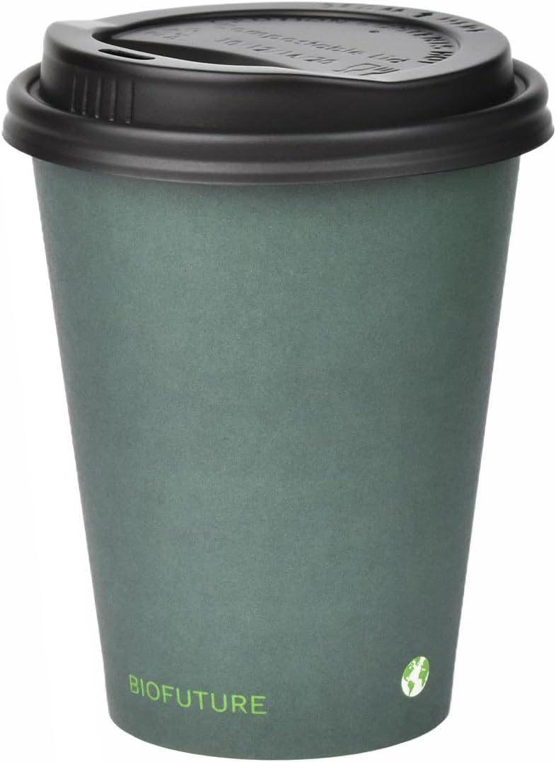 Biodegradable Coffee Cups – Green, 50 Count Disposable, 12 Ounce Paper Cups with Lids – Eco-Friendly and 100% Compostable – Ideal for Tea, Coffee, and Hot Drinks (50 Pcs, Green, 12oz)