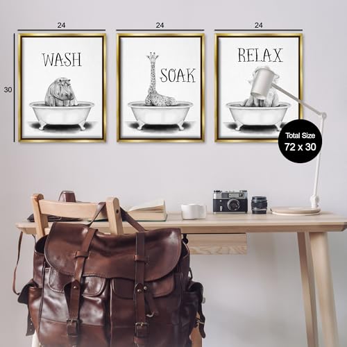 Image of Jungle Animals Bathroom Signage, 24 x 30 Inch Canvas in Floater Frame Set | Stupell Industries . By Rachel Nieman . Ready to hang . Great for bath and laundry . Made in USA