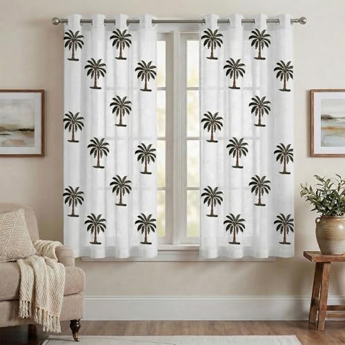 Image of LINENWALAS Cotton Linen Printed Sheer Curtain Set of 2 Panels with Eyelet Hanging, Palm Tree Printed Window Curtains Non Blackout Light Filtering Curtains (5 Feet, White Palm Tree)