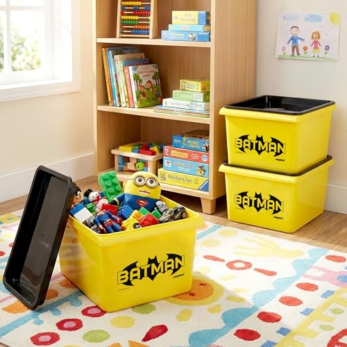 Image of Nayasa Stack N Store Batman, Small, 5 ltrs | DC Superhero Print Plastic Storage Boxes Set of 2 with Lid | Side Handles | Stackable Multipurpose Organizers | Strong & Durable | Yellow