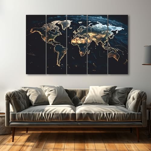 Image of The Castle Decor World Map Painting With Frame 5 Big Size Multiple Frames Wall Art Painting for Living Room,bedroom,drawing Room,hotels-wooden Framed-digital Painting (27x48 inch, Multicolour3)