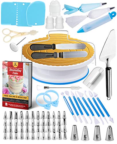 Attrezzatura per la decorazione di torte (oltre 100 pezzi) rotante supporto per torta con 52 punte numerate facili da usare con schema e eBook, spatola dritta e angolata, 3 raschietti per torte
