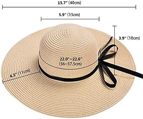 Womens Floppy Summer Sun Beach Straw Hat, Foldable Wide Brim Hats with Bowknot UPF50