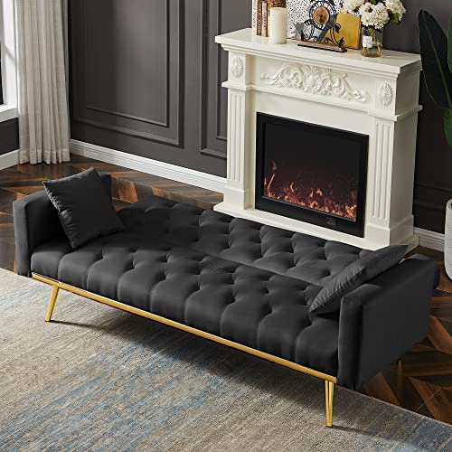 Modern Velvet Convertible Sleeper Sofa Bed With 2 Pillows, Futon Sofa Couch Loveseat With Multiple Adjustable Positions And Gold Metal Legs For Living Room Bedroom Office Apartment (Black) #TOP1