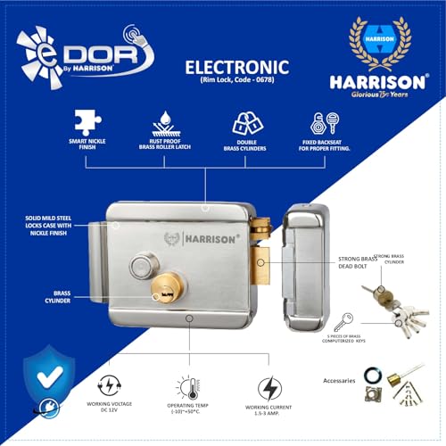 Image of Harrison Electronic Rim Lock with Adopter and 2 Remote | 4 Keys | Stainless Steel Electric Lock for Main Door, Wooden Door, Metal Gate Lock with Reversible Bolt & Free Mode | 0683 Door Electric Lock