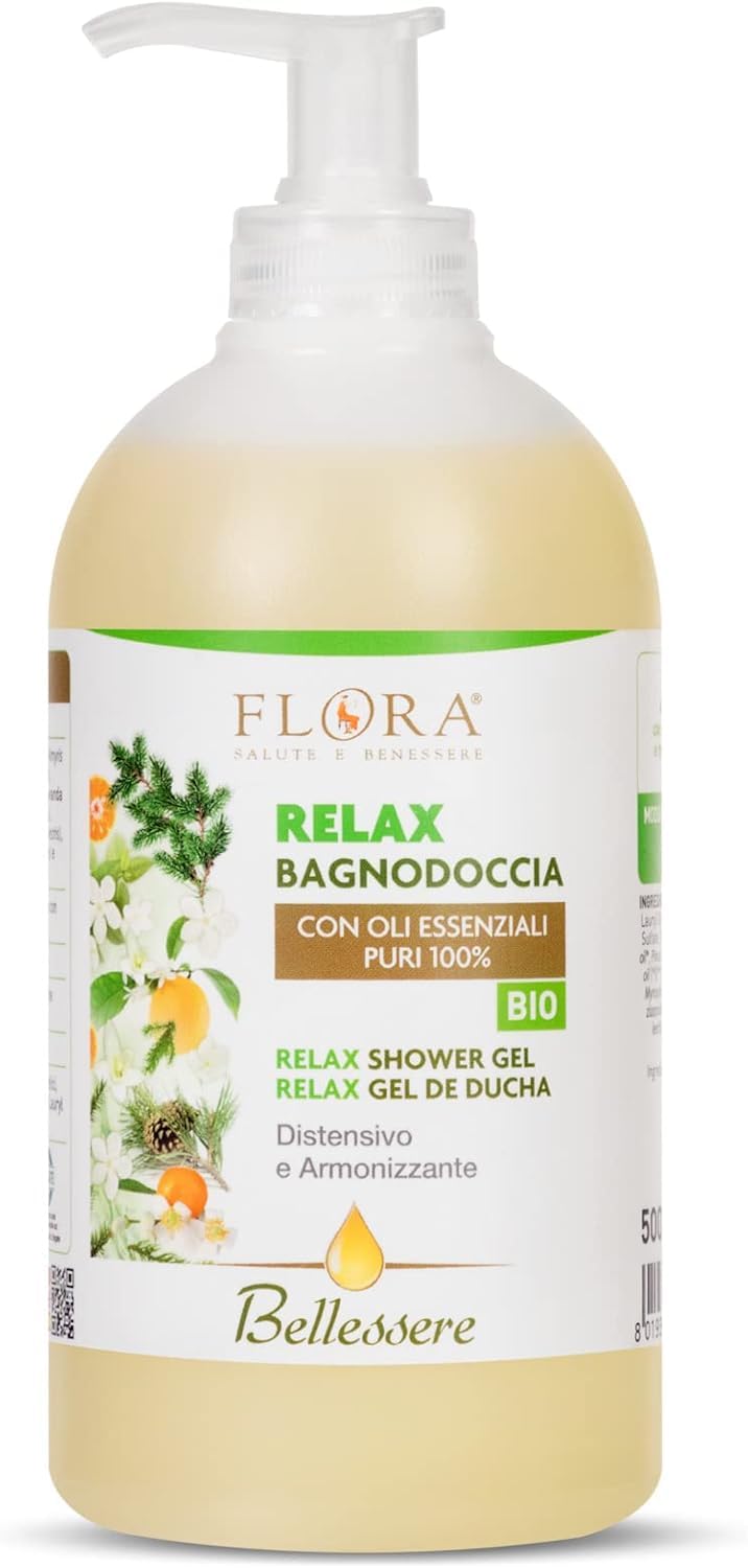 FLORA BagnoDoccia Relax BIO-​BDIH 500 ml – Detergente Delicato con Tensioattivi da Zuccheri, Proteine del Riso e Oli Essenziali di Lavanda, Arancio Dolce, Cedro, Patchouli – Effetto Calmante