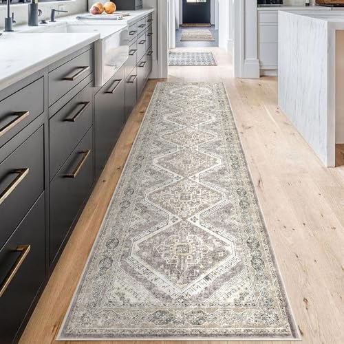 KUTA Vintage Ivory Grey Yellow Washable Runner Rug 2.6x12, Non-Slip Hallway Kitchen Rugs with Rubber Backing, Ultra Soft Printed Oriental Distressed Carpet Extra Long Runners for Living Room