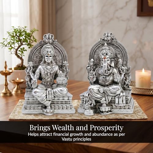 Image of Premium Silver-Plated Lakshmi Ganesha Idol Murti Set | Laxmi Ganpati Statue for Home Temple| Pooja Room | Office Desk | Mandir Decor | Diwali | Housewarming | Wedding Gift | 3.7 Inch