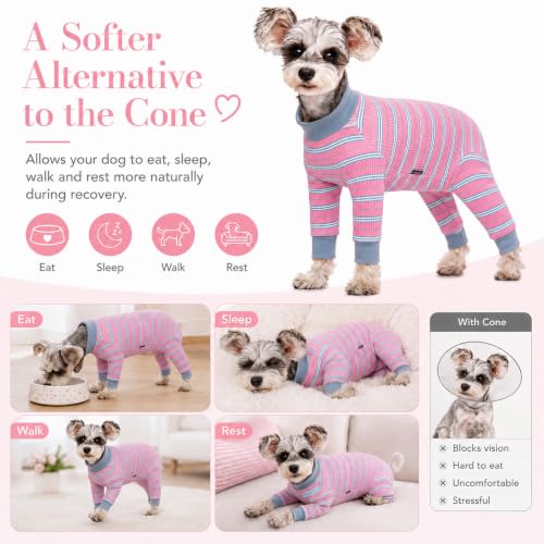 Image of Dog Striped Recovery Suit, Puppy After Surgery Onesie for Female Male Dogs, Dogs Cats Long Sleeve Pajamas Bodysuit, Surgery Abdominal Wound Bandages Clothes, Dog Pant for Shedding Skin Disease
