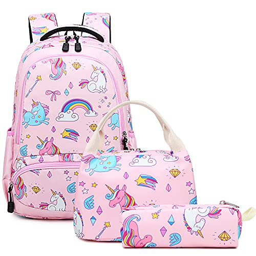 Filles Sac à Dos Licorne Enfants Sets de Sacs Scolaires Cartable pour l'Étudiant Ensemble de 3 Pcs inclus Unicorn Backpack Sac à Lunch Sac de Stylo Les Loisirs,le Voyage,la Randonnée Rose