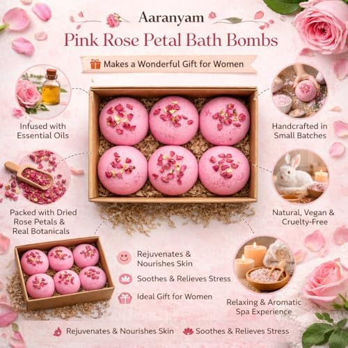 Image of Rose Petal Fizzy Bath Bombs - Pack of 6 (75g Each) - Natural & Aromatic - Ideal Gift for Women - Relaxing & Travel-Friendly Spa Experience