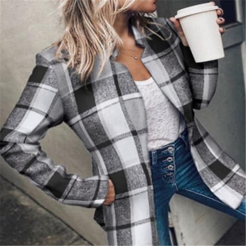 2026 Women's Solid Color Pocket Long Sleeve Open Front Coat, Woolen Street Style Plaid Slim Fit Jacket Women Twill3