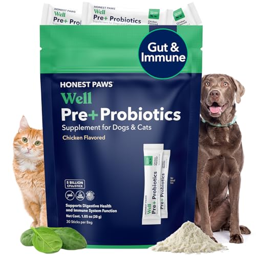 Honest Paws Probiotics for Dogs - Digestive & Immune Support Powder with Prebiotic Made in The USA, Chicken Flavor (30 Sticks)