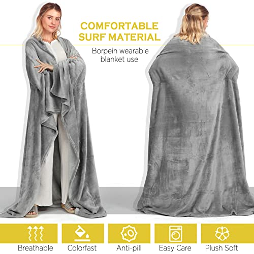 BORPEIN Wearable Blanket With Foot Pocket,Cozy Hug Oversized Wearable Throw Blanket,Soft and Warm for Sofa Lovers for Women Men Adult.One Size Fits All(Gray&White) - Image 3