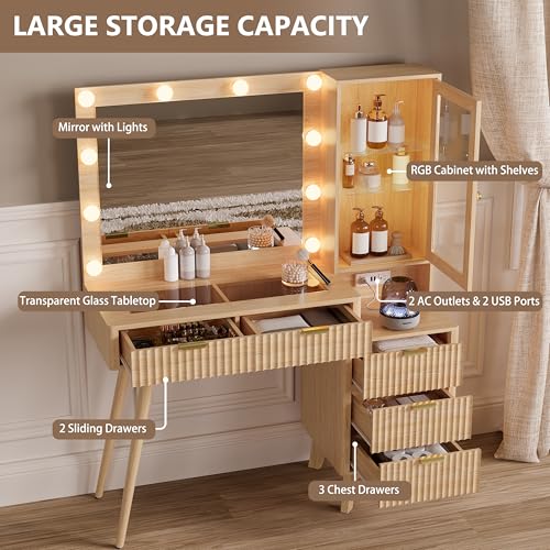 Image of Makeup Vanity Desk with Mirror and Lights, 45 inch Fluted Wood Vanity Desk with Glass Top, 5 Drawers & RGB Glass Cabinet, Power Outlet, Mid Century Modern Dressing Table Set for Women Girls Bedroom