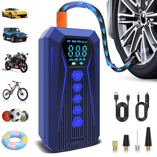 Tire Inflator Portable Air Compressor,2X fast Inflatable Portable Tire Pump, 150PSI Wireless Smart Electric Air Pump with Led Light and 12V DC for Cars, Bikes & Motorcycle Tires, Balls(Blue-1)