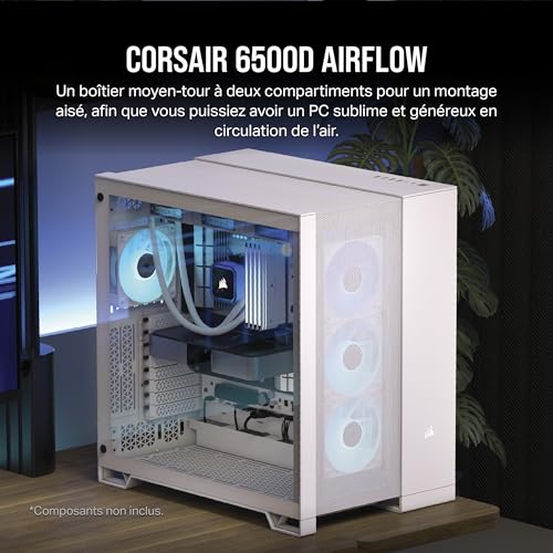 CORSAIR 6500D Airflow Boîtier PC ATX Mid-Tower - Pas de Ventilateurs Inclus - Design à Double Chambre - Compatible avec Les Cartes Mères à Connexion Inversée - Blanc
