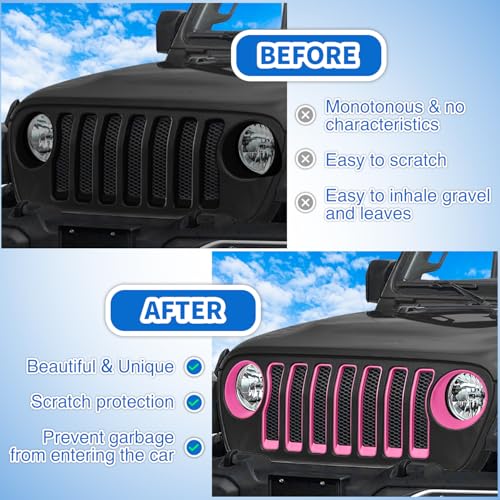 Image of Nilight Grill Inserts fit for Jeep Wrangler Front Grille Inserts Headlight Cover Set for JL JLU Unlimited Sport SportS 2018 2019 2020 2021 2022 2023 Grille Bezels Trim Exterior Accessories Pink 9 Pcs