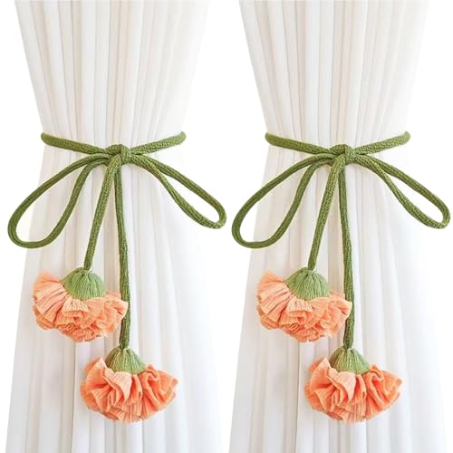 BDHRKTE Handmade Curtains Tiebacks Boho Flower Curtain Tie Backs Curtain Holder Tie Backs for Curtains Braided Cute Flower Curtain Ties Decorative Rope for Bedroom Window Treatment (Orange)