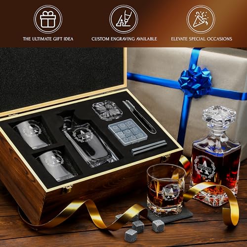 Personalized Whiskey Decanter and Stones Set - Customized Gift for Him - Men, Dad, Father - Engraved Classic Decanter, Glasses, 9 Granite Stones in Container, Coasters, Tongs in Wooden Gift Box - Image 5