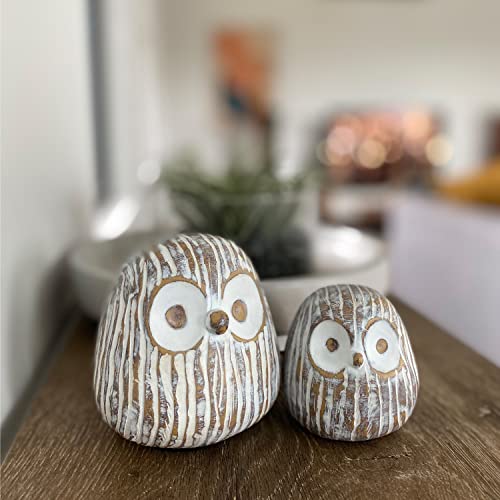 Huey House Chubby Night Owl Decor Statue Sculpture, Bookshelf Decor Accents, Boxed Set Of 2 Rustic Brown & White (3⅛ & 4⅓ Inches) Decorative Resin Figurines #TOP2