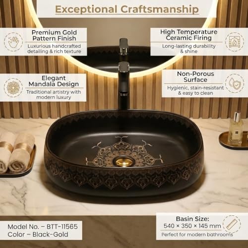 Image of BASSINO 21x14x6 Inches Designer Moroccan Ceramic Table Top Wash Basin /Black Matte & Gold Floral Art Sink for Bathroom /Handcrafted Rectangular Countertop Washbasin for Office /Hotel(Matt)