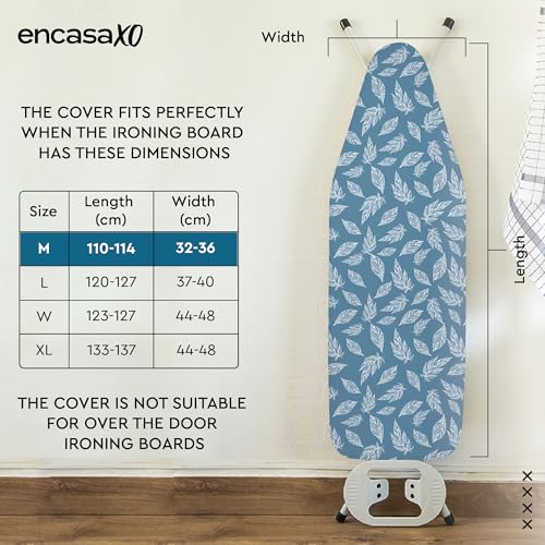 Image of Encasa XO Ironing Board Cover with 3mm Thick Felt Pad for Steam Press (Fits Standard Medium Boards of 112x34 cm) Heat Reflective, Scorch & Stain Resistant, Printed - Big Leaves Blue