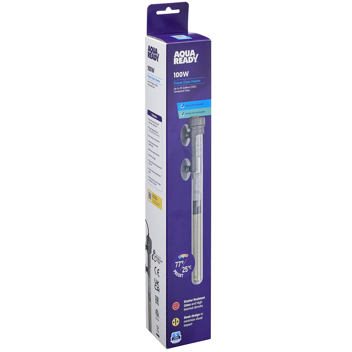 AquaReady Chauffage d'aquarium préréglé 100 W – Chauffage submersible pour aquariums d'eau douce et d'eau salée, fiable et économe en énergie, design compact pour aquariums de 78 à 100 litres