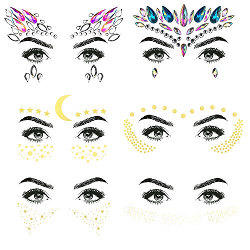 6 Sheets Metallic Temporary Tattoos Gold Jewelry Tattoo, Waterproof Flash Fake Tattoo Sticker Designs for Women Girls, Including 2 Sheets Face Jewels