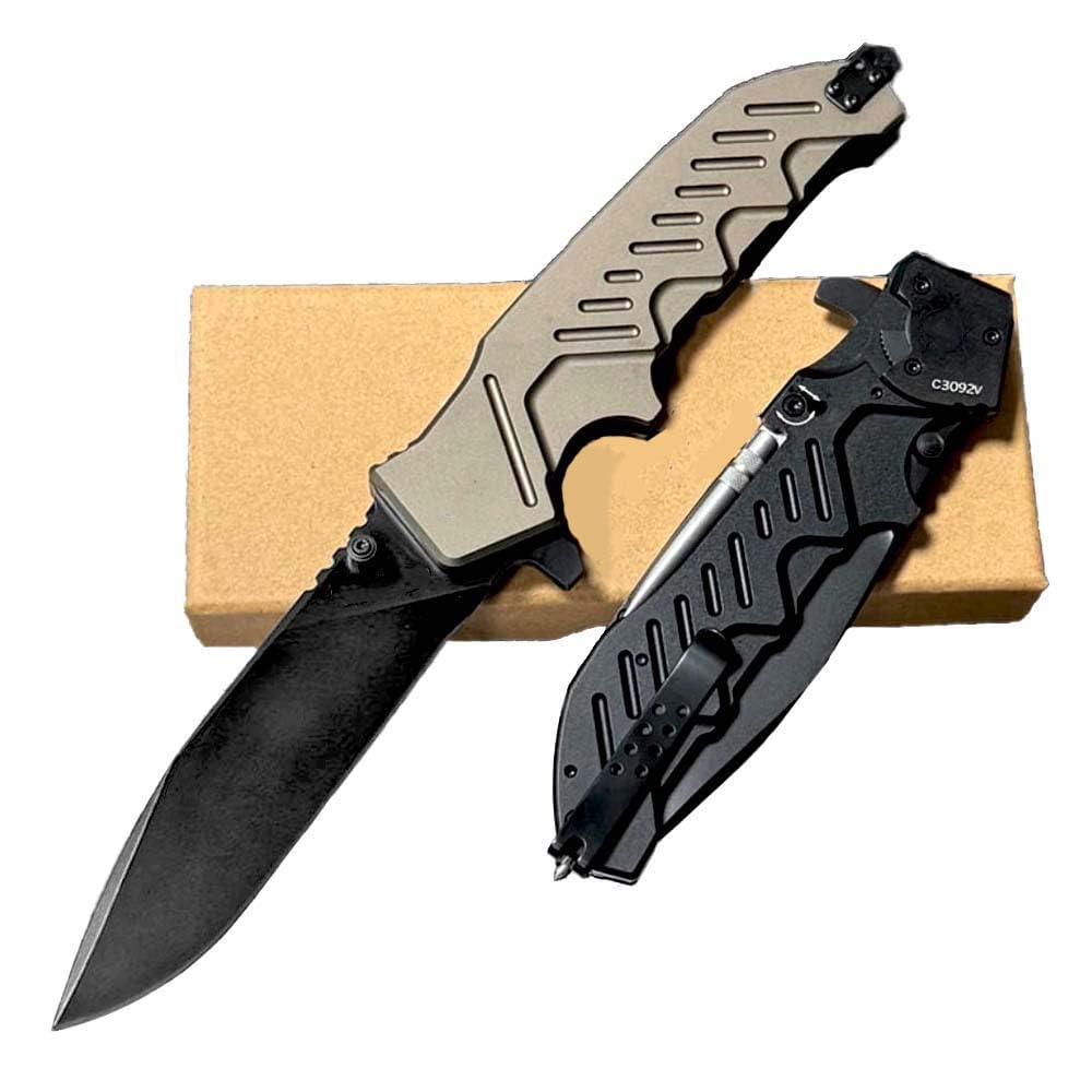 Klappmesser 10.6" Scharfes slim Taschenmesser schwarz edelstahl Alu lange, Khaki aluminium, kette geprägter muster, Outdoor Edc Messer Survival Jagdmesser, tragbare camping messer, geschenk für männer