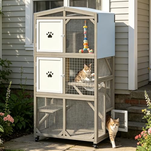 Image of Ketive 66 inch H Large Wooden Catio Outdoor Cat Enclosure with Wheels