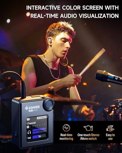 Image of Donner Wireless in Ear Monitor System, Stereo IEM System with Transmitter, Beltpack Color Screen Receiver, 2.4G IEM Wireless for Band Rehearsal, Live Performance, Studio, CV-3