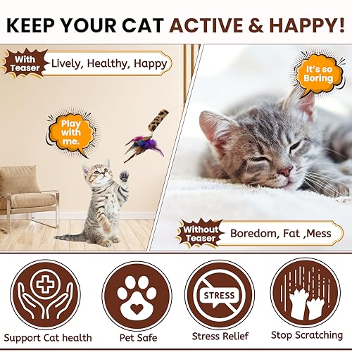 Image of Foodie Puppies 5 Pcs Cat Teaser Stick Toy Gift Combo for Cats & Kittens - (Woolly, Stripe, Rattle, Ball, Mouse Bell) | Interactive Play with Natural Feather Wooden /Plastic Wand Teasing Stick (40cm)