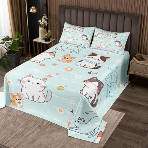 Feelyou Kids Cute Kitten Cat Bedspread King Size, Cartoon Cat Coverlet Set Boys Girls Pet Cat Quilted Coverlet Kawaii Cat Quilted Kids Room Decor with 2 Pillow Case
