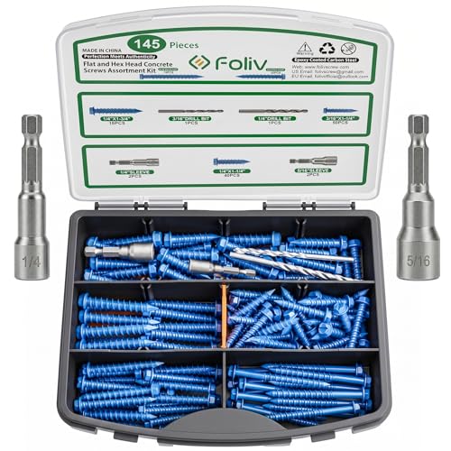FOLIV 145PCS Concrete Screws with Drill Bit and Hex Bit Socket, Blue Hex Washer Head Concrete Screws Anchor Kit for Masonry, Cement, Block, Brick or Stucco