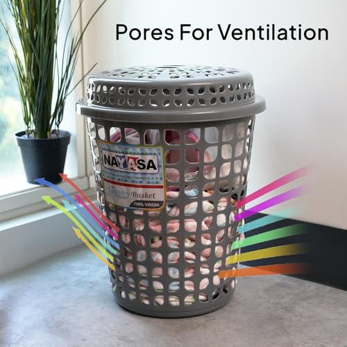 Image of Nayasa Plastic Laundry Basket with Lid - 44 Ltrs | Ventilated Clothes Hamper with Easy-Grip Handles | Clothes & Toy Storage Organizer |(Round Petal) Grey