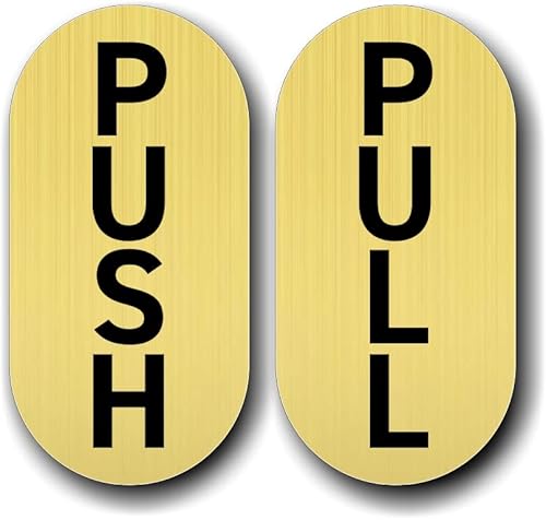 ドアプレート 【 PUSH/PULL 】 (縦向き) ヘアライン ゴールド (文字色:黒) 楕円 30mm×60mm×1.5mm アクリル2層板 UV対策品 レーザー彫刻 粘着テープ付き おしゃれ スタイリッシュ シンプル 押す 引く サインプレート 扉