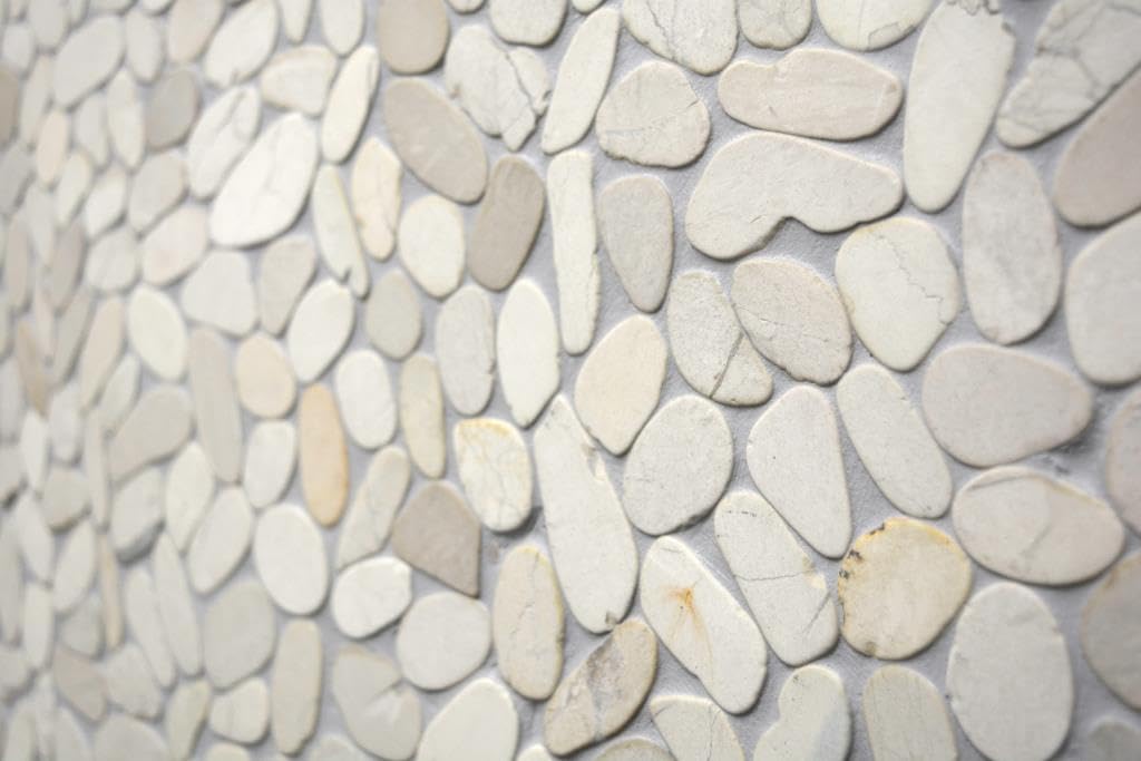 Mosaico Tagliato Ciottoli Bianchi, Pietra di Fiume per Parete e Piatto Doccia - 10 Tappetini