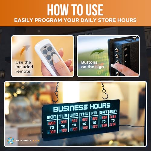 Image of Digital Business Hours Sign by ELEMENT LUX - Electronic Programmable Hours of Operation Signs for Business with Ultra Bright LEDs for Glass Door - Remote and Hanging Kit - 16in x 5.5in, Blue