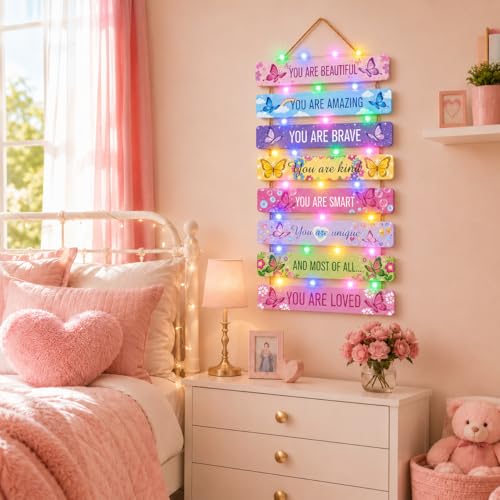 Cute Butterfly Room Decor Set of 8 with Led Light for Teen Girls Kids Toddler, Pink Inspirational Butterfly Wood Nursery Wall Decor for Bedroom, Dreamy Cozy Chic Motivational Princess Room Decor
