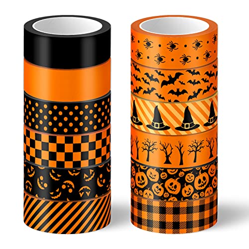 Whaline 12 Rolls Halloween Washi Tape Orange Black Pumpkin Spider Bat Witch Hat Masking Tape 15mm Halloween Decorative Plaid Stripe Tape for Scrapbook Journal DIY Craft Gift Wrapping, 16.4Ft